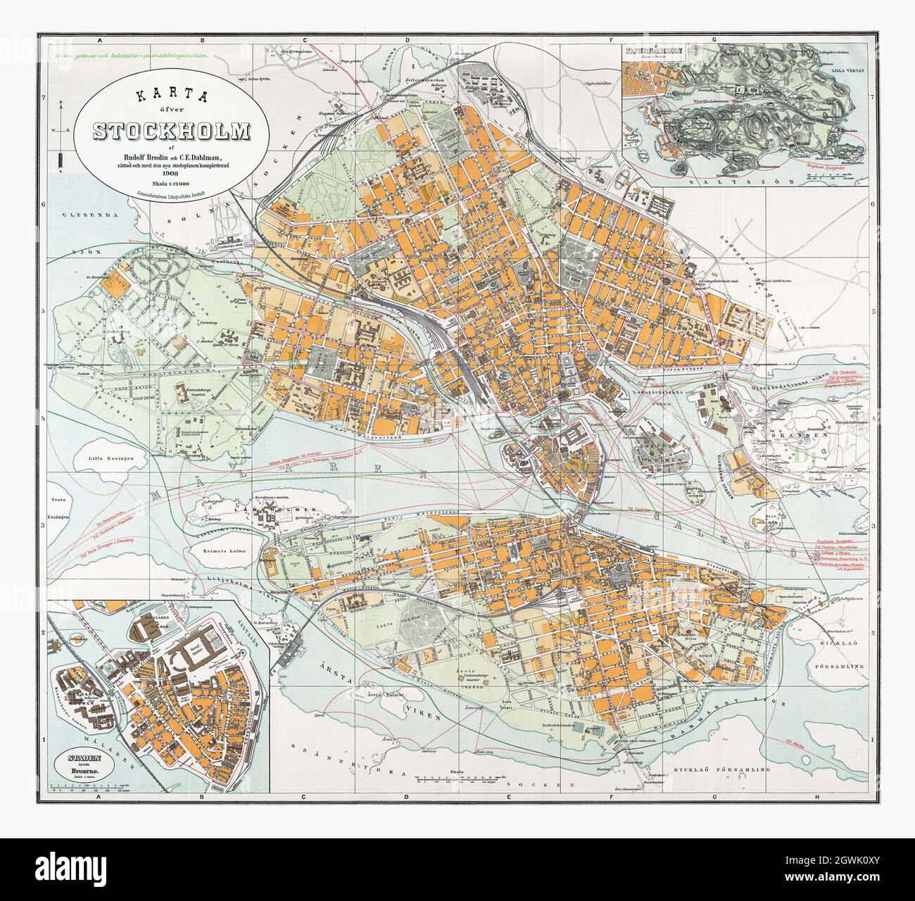Mappa di Stoccolma 1908, Karta över Stoccolma 1908. Potenziata digitalmente. Alta risoluzione. Foto Stock