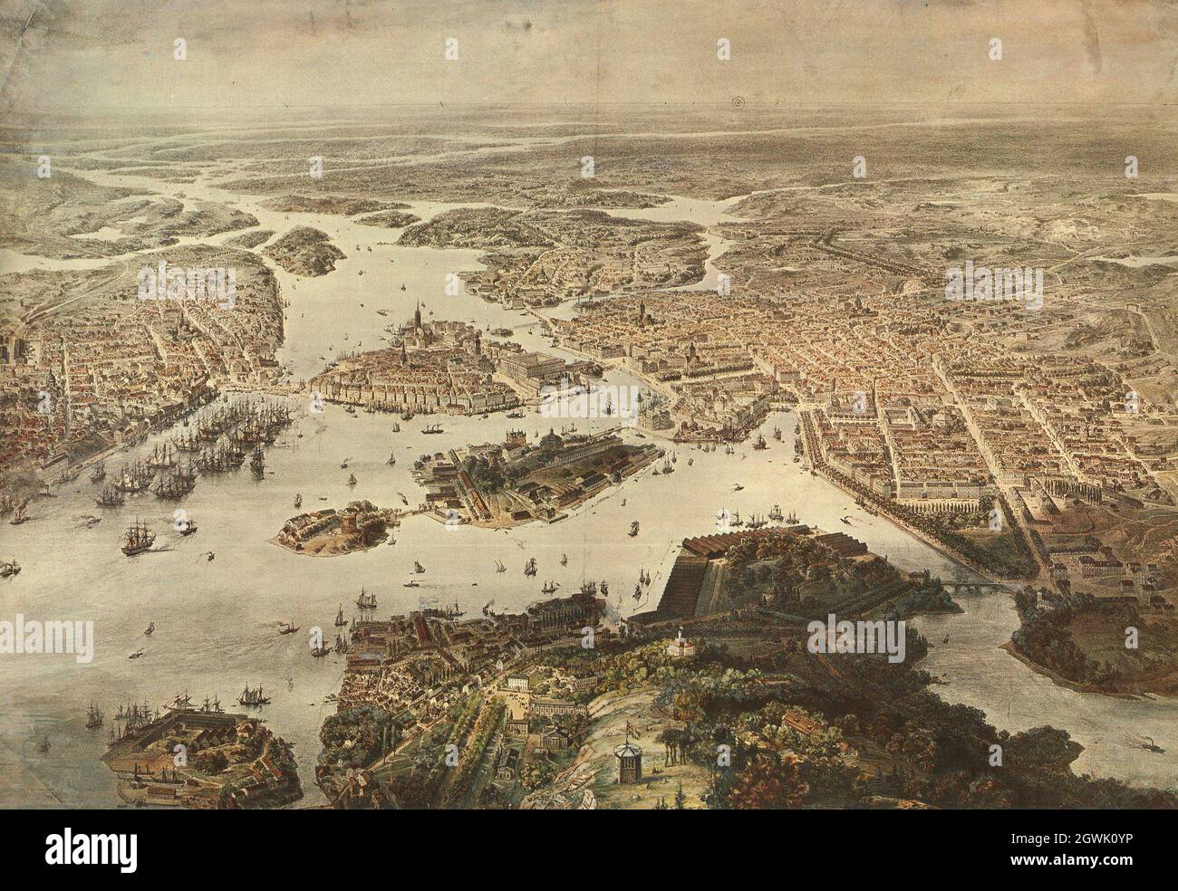 Panorama Stoccolma 1868, migliorato digitalmente. Vista panoramica del centro di Stoccolma. Foto Stock