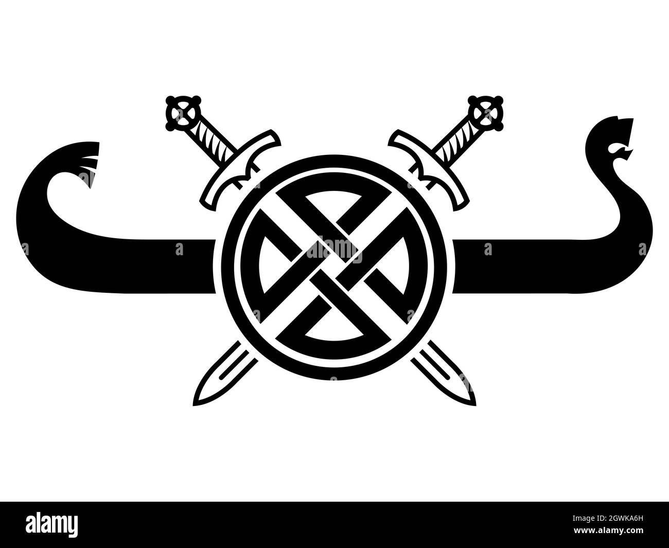 Vecchio design scandinavo. Nave vichinga Drakkar, Shield, due spade incrociate e un antico ornamento celtico scandinavo Illustrazione Vettoriale