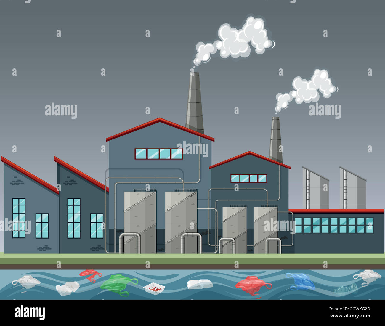 Fabbrica che fa un sacco di fumo Illustrazione Vettoriale