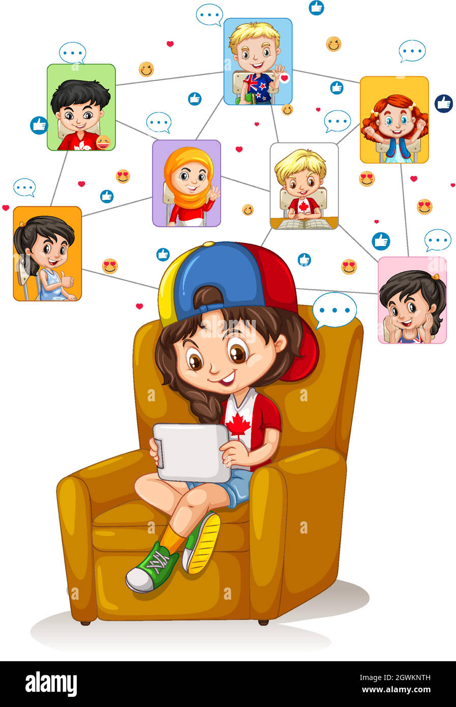 Una ragazza che usa un tablet per comunicare una videoconferenza con gli amici su sfondo bianco Illustrazione Vettoriale