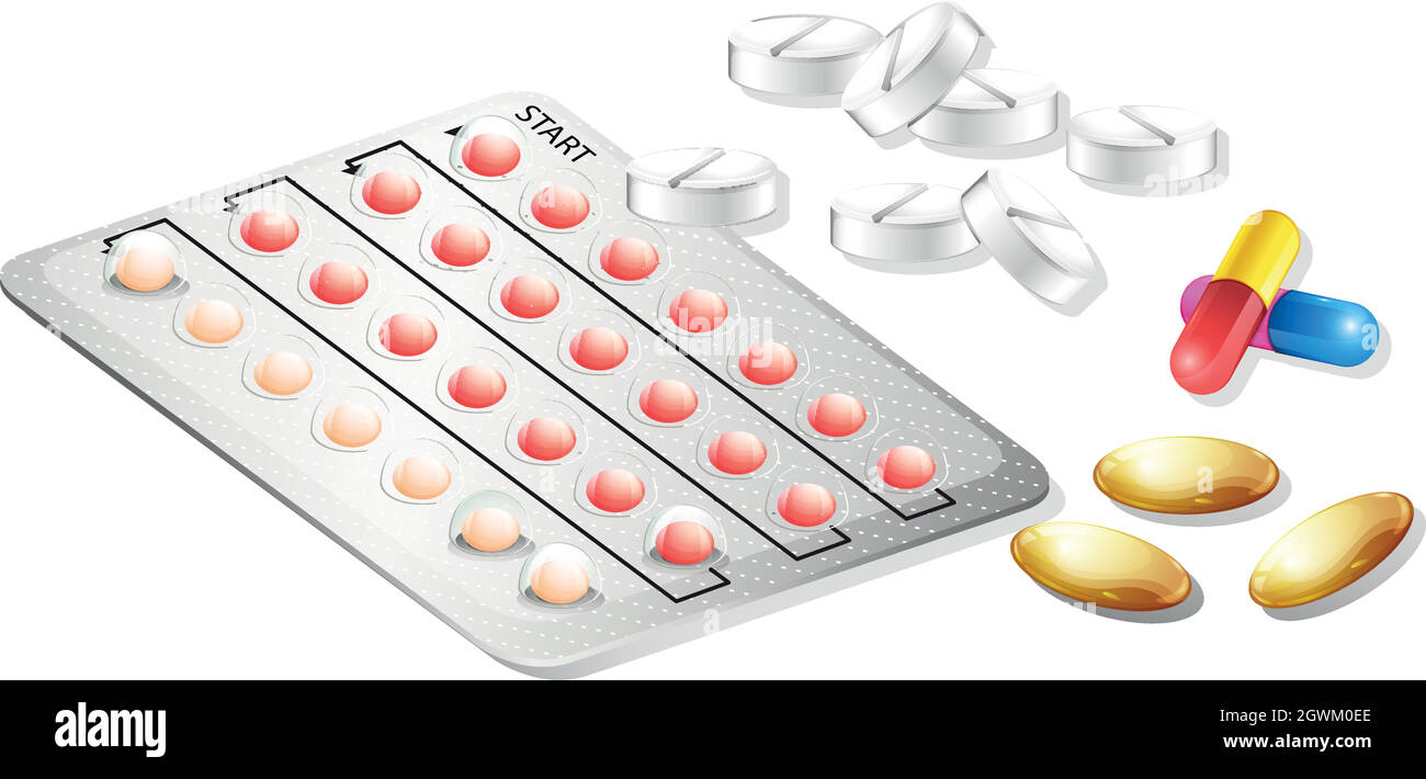 Un set di farmaci e tablet Illustrazione Vettoriale