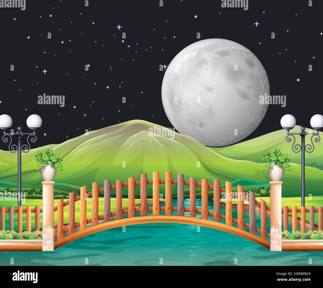 Scena con luna piena e parco Illustrazione Vettoriale