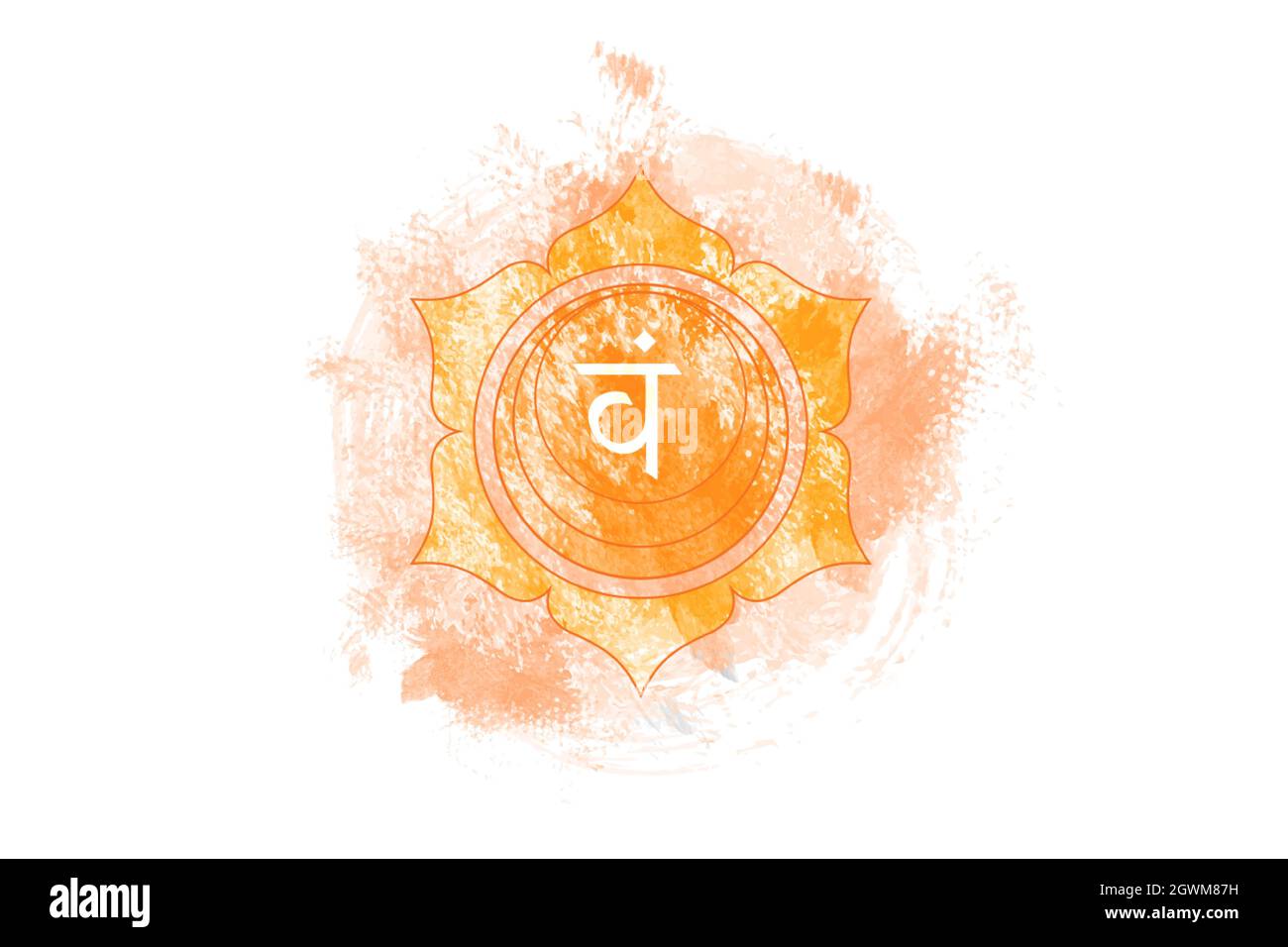 Secondo chakra di Swadhisthana, modello del logo del chakra sacrale in stile acquerello. Mandala arancione simbolo per la meditazione, yoga. Vettore isolato su bianco b Illustrazione Vettoriale
