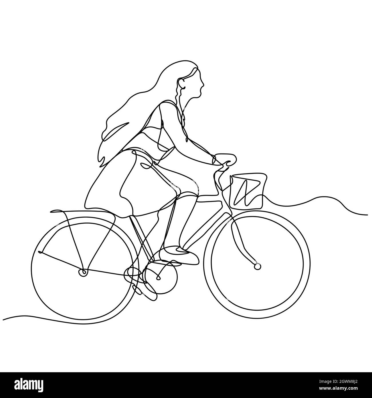 Una ragazza in bicicletta con un cestino . Una linea continua. Illustrazione vettoriale disegnata con un'unica linea. Illustrazione Vettoriale