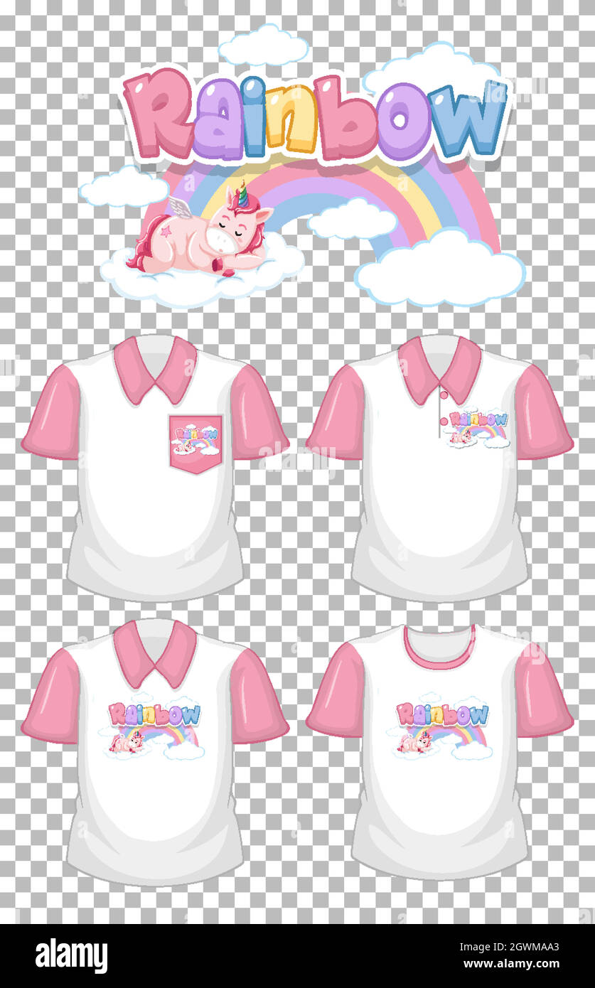 Unicorno con logo arcobaleno e set di maglietta bianca con maniche corte rosa isolate su sfondo trasparente Illustrazione Vettoriale