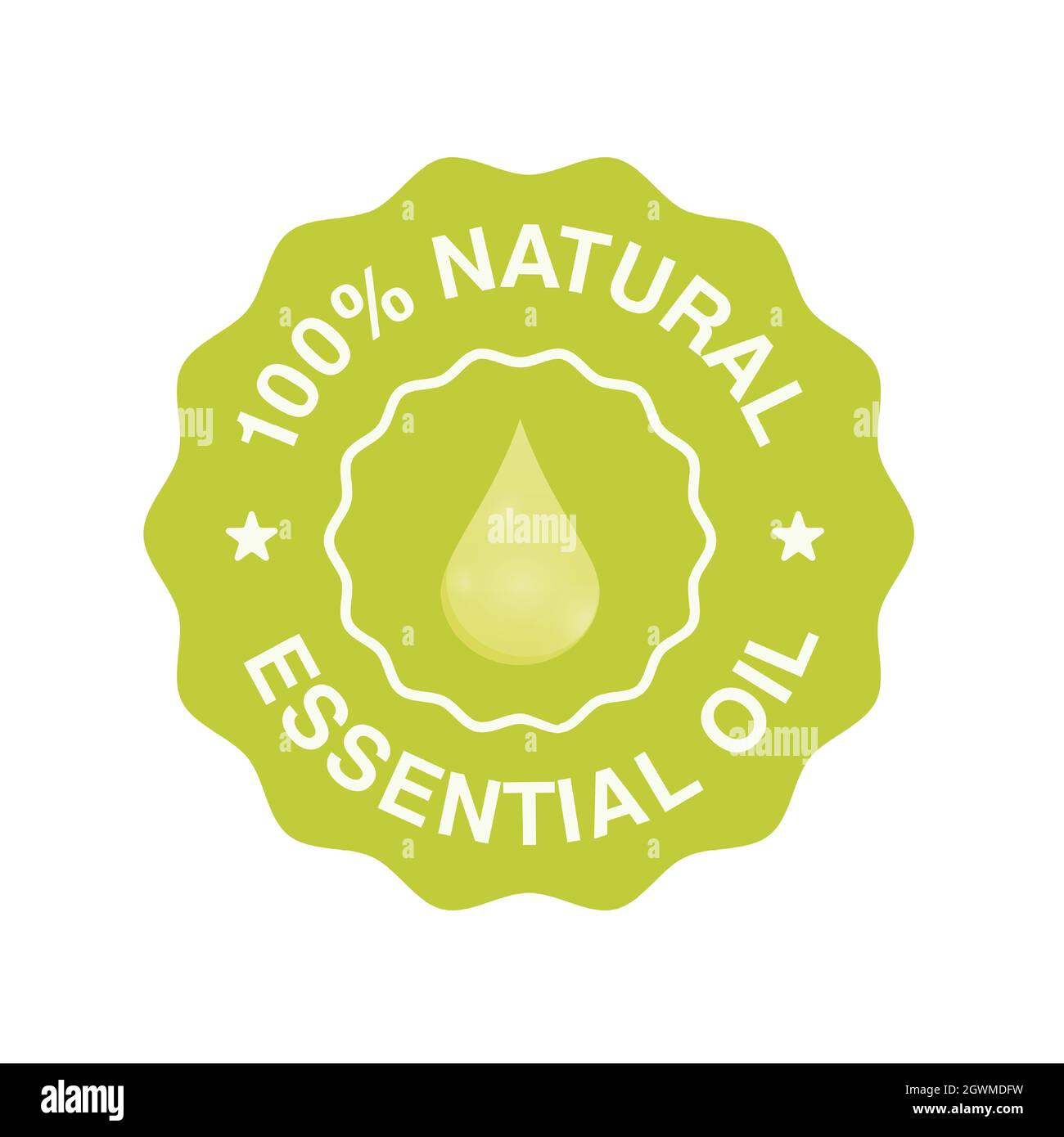 100% di olio essenziale naturale simbolo vettore con olio goccia per la bellezza e la cura della pelle naturale certificato di prodotto tag. Illustrazione vettoriale. Illustrazione Vettoriale
