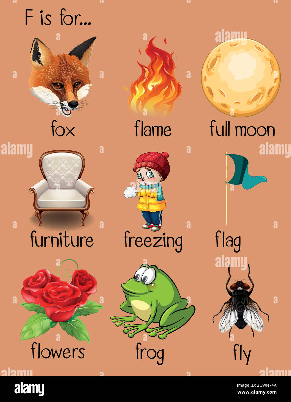 Parole diverse iniziano con la lettera F. Illustrazione Vettoriale