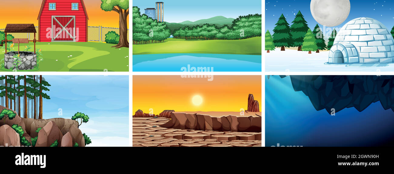 Set di scene giorno, notte e subacquea Illustrazione Vettoriale