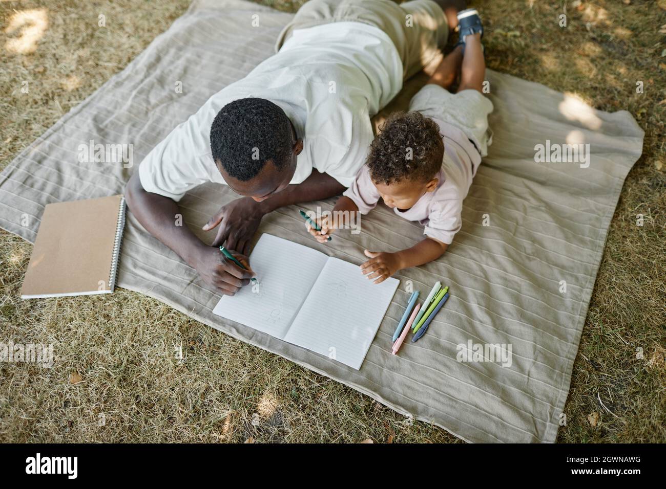 Ritratto ad angolo alto del giovane padre afroamericano che gioca con il figlio carino nel parco mentre si posa su erba, spazio copia Foto Stock