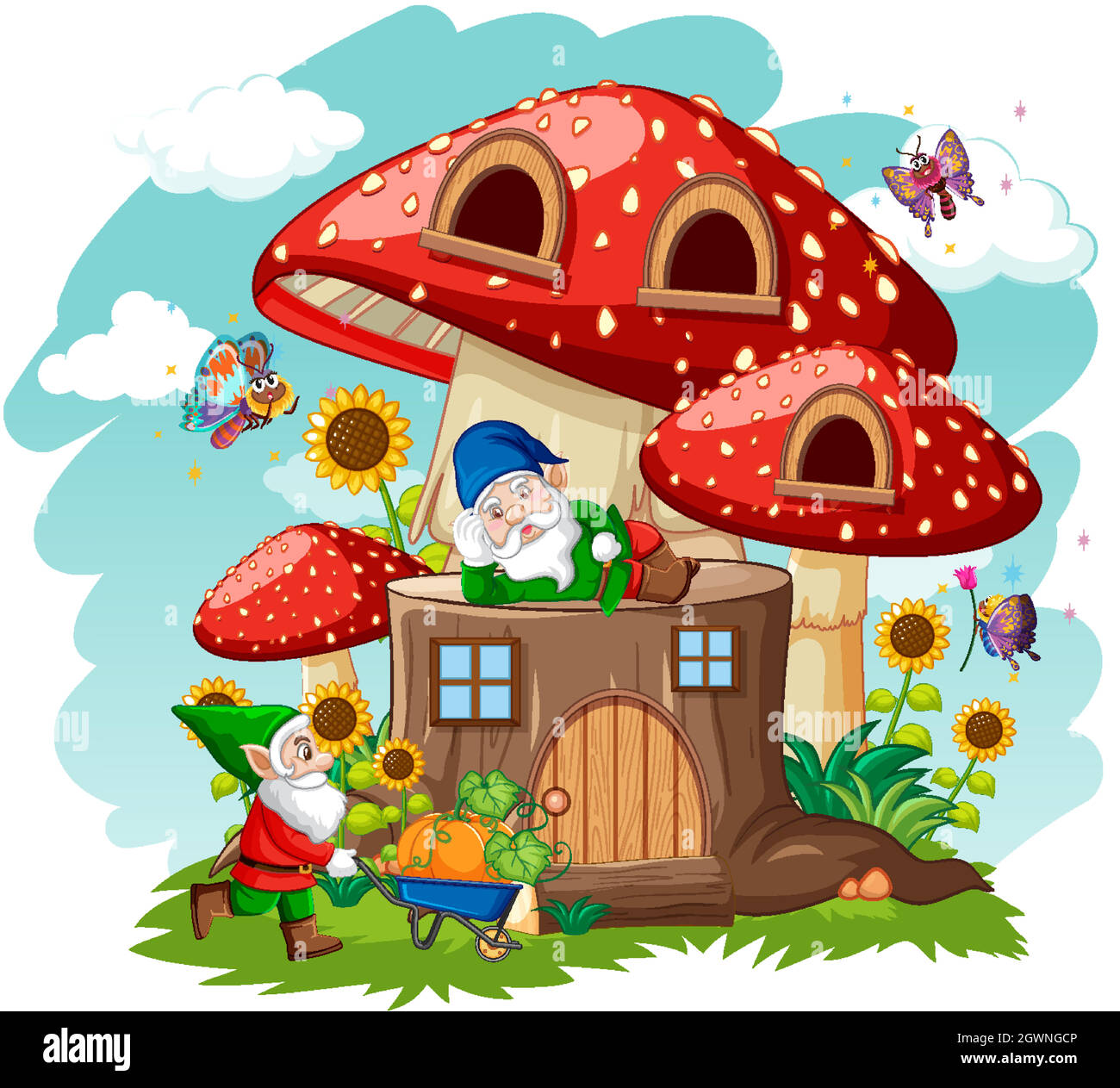 Gnomes e casetta di funghi e nel giardino stile cartoon su sfondo cielo Illustrazione Vettoriale