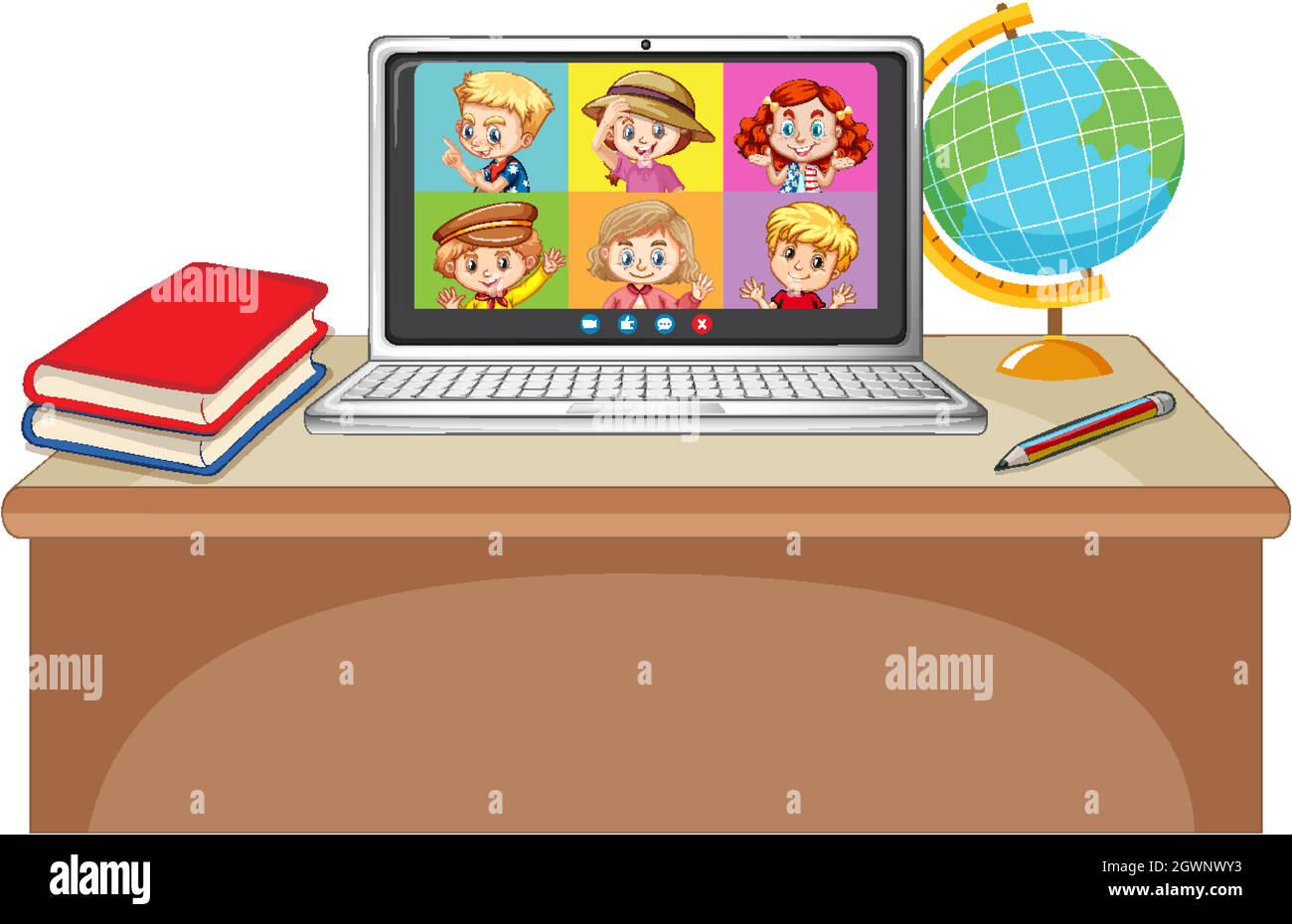 Schermata online della chat video per gli studenti sul laptop su sfondo bianco Illustrazione Vettoriale