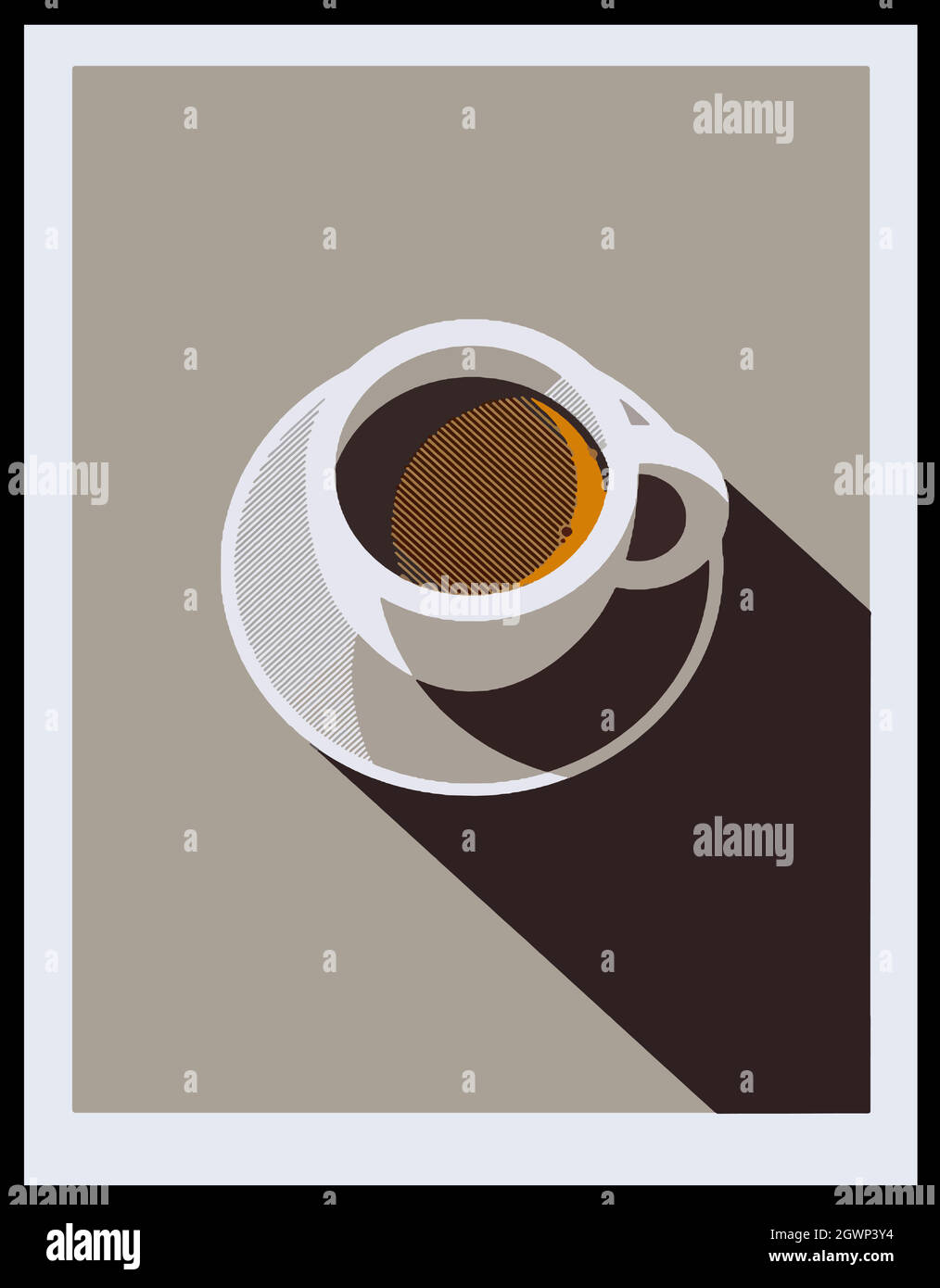 Poster dal design minimalista. Tazza di caffè su sfondo grigio. Vista dall'alto. Illustrazione Vettoriale