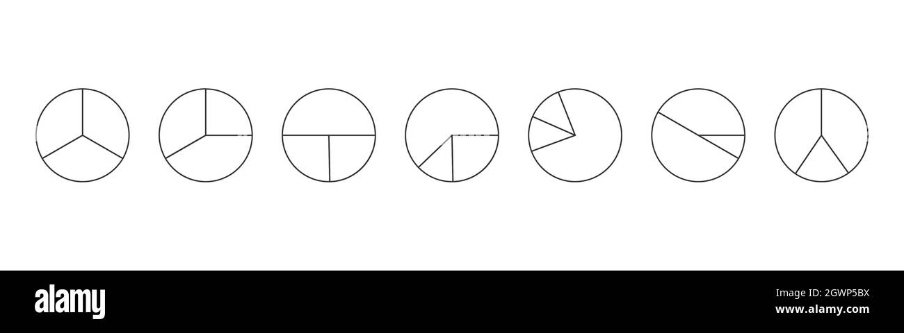 Contorni circoli divisi in 3 segmenti isolati su sfondo bianco. Forme rotonde a torta o pizza tagliate in tre fette diverse. Semplici esempi di infografica statistica. Illustrazione lineare vettoriale. Illustrazione Vettoriale
