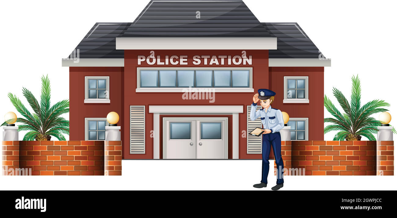 Un poliziotto fuori dalla stazione di polizia Illustrazione Vettoriale