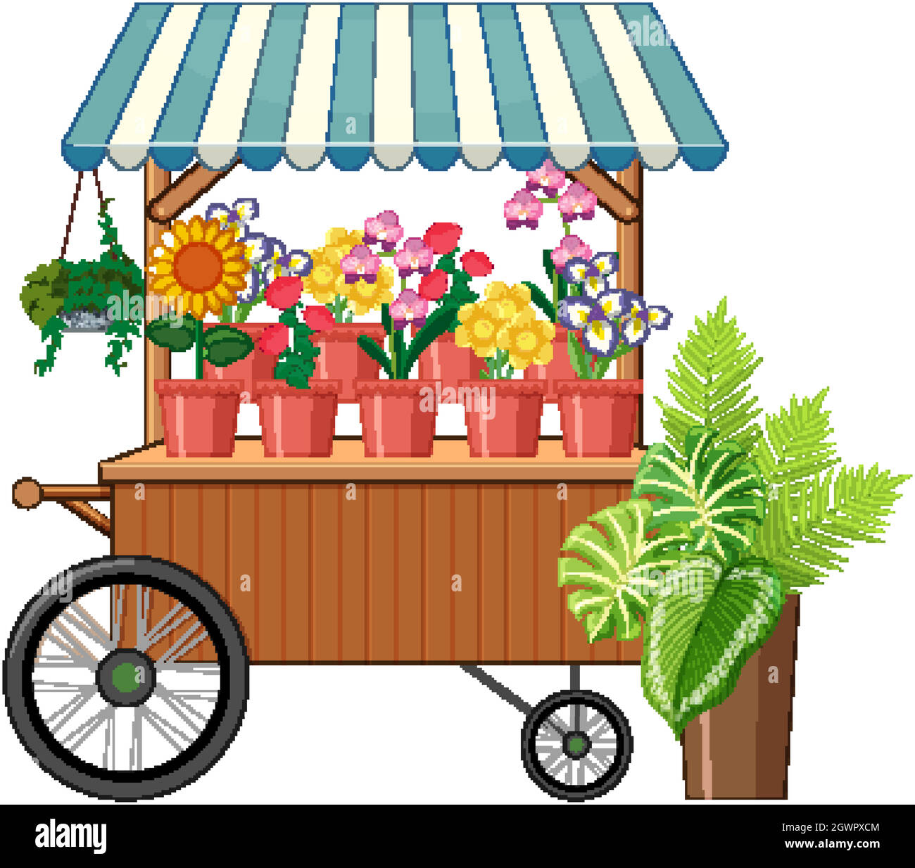 Carrello fiore negozio cartone animato stile isolato Illustrazione Vettoriale