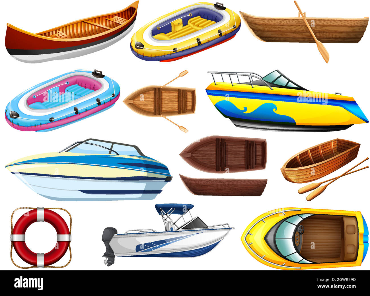 Set di diversi tipi di barche e nave isolata su sfondo bianco Illustrazione Vettoriale