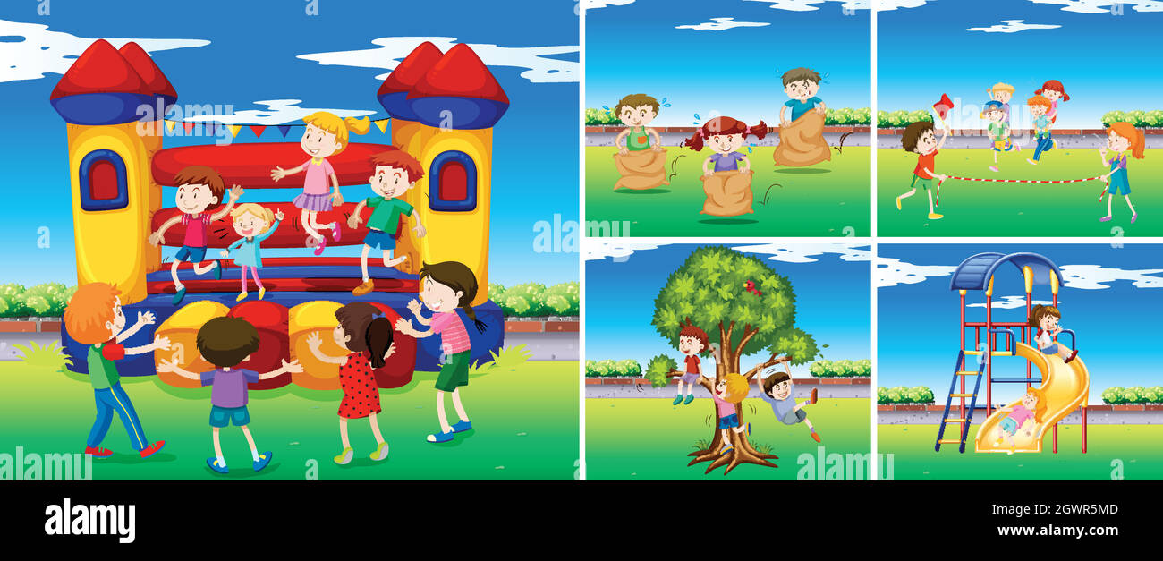 Scene con bambini nel parco giochi Illustrazione Vettoriale