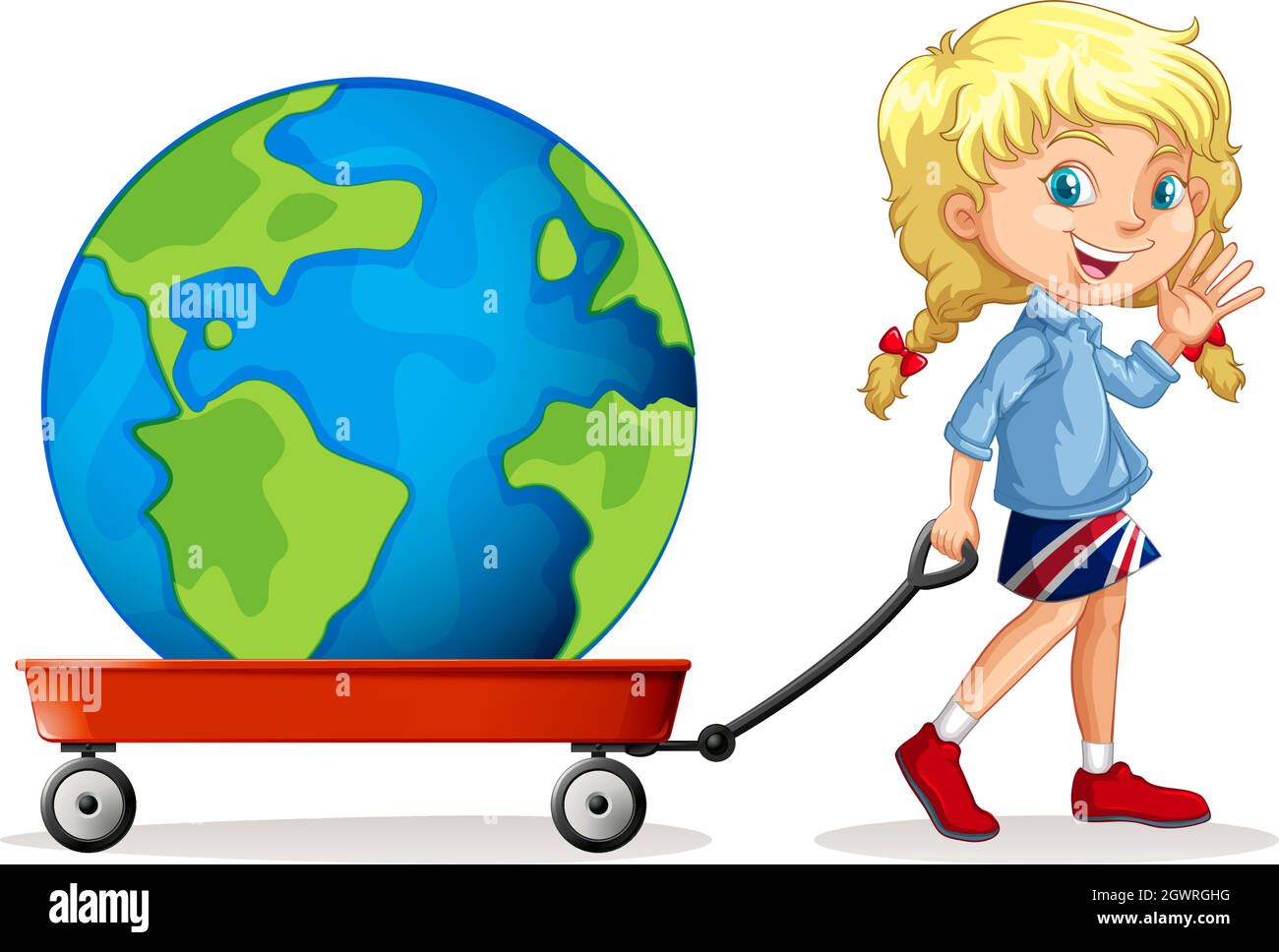 Bambina che tira il carro con un globo su di esso Illustrazione Vettoriale