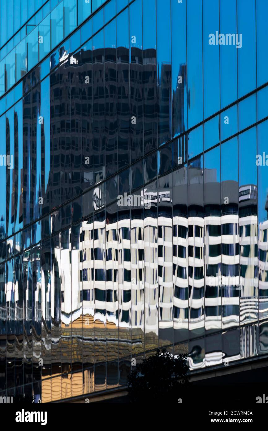 Alti edifici di uffici riflessi in vetro, Wellington, Isola del Nord, Nuova Zelanda Foto Stock