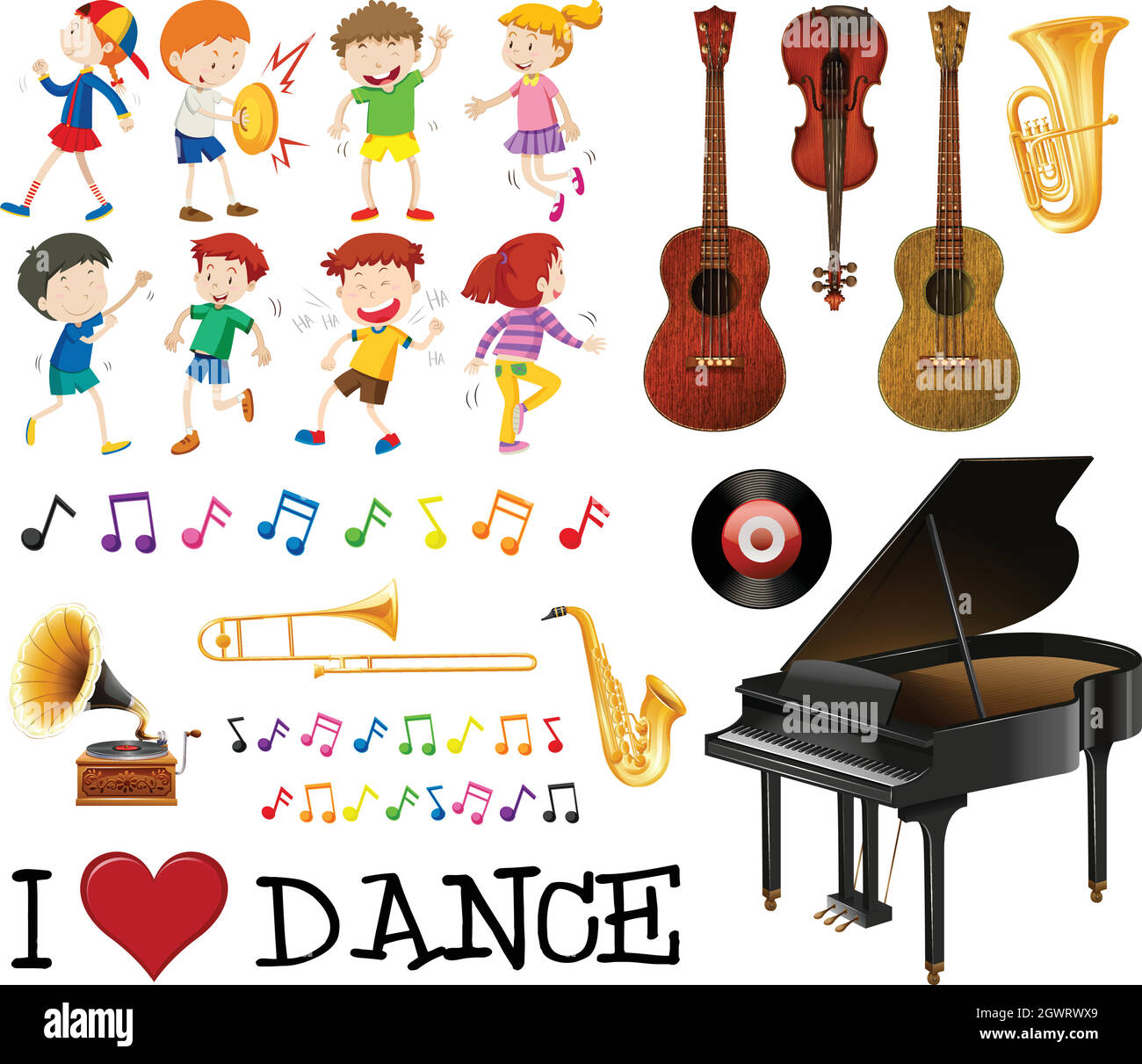 Pacchetto di strumenti musicali con i bambini che cantano e ballano Illustrazione Vettoriale