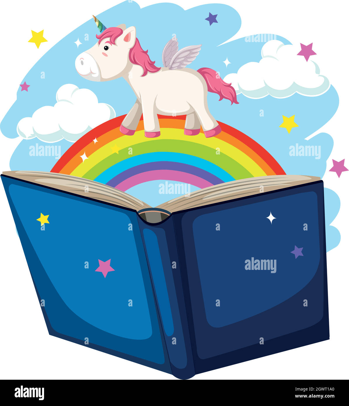 Unicorno e arcobaleno libro concetto Illustrazione Vettoriale