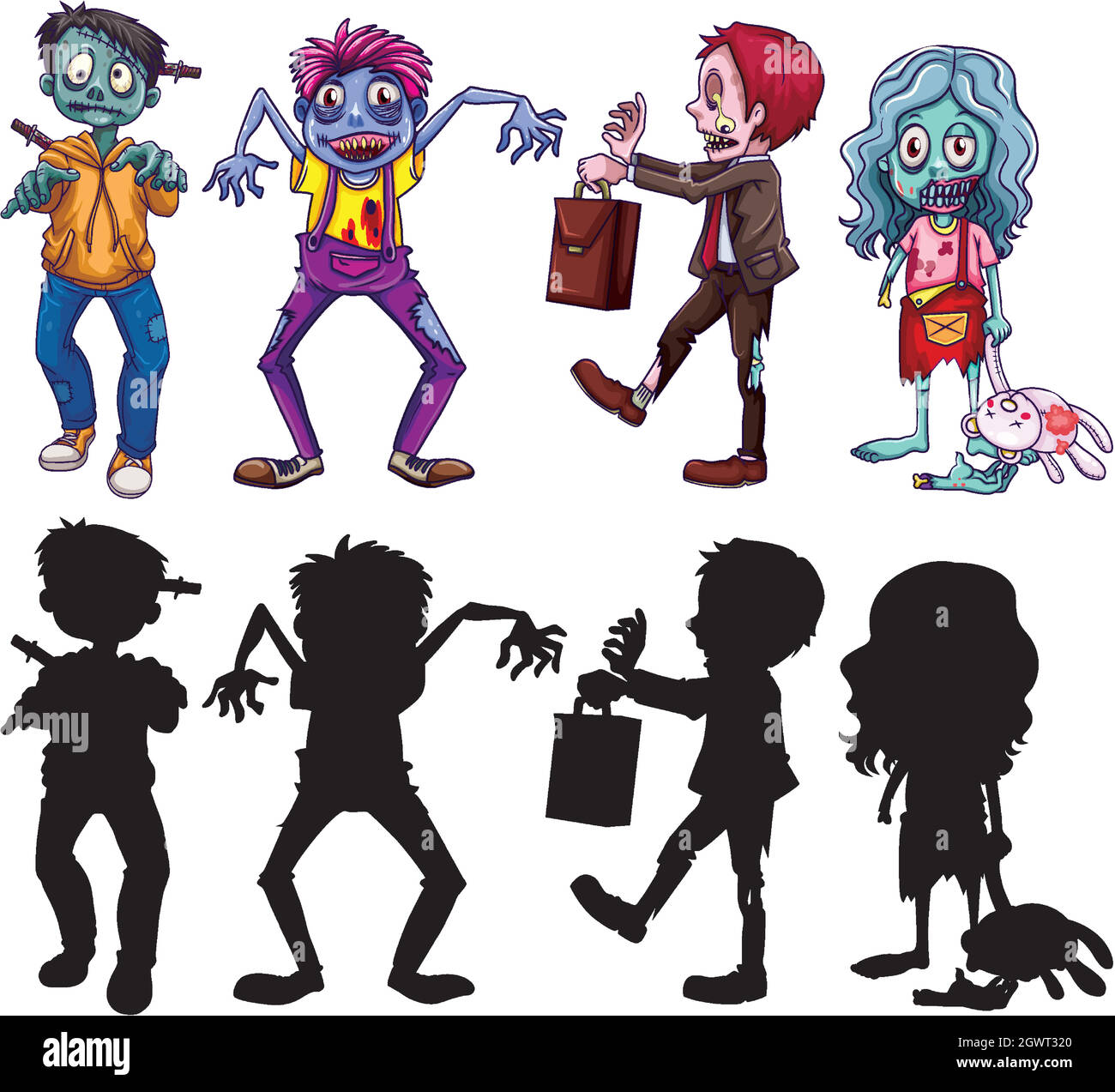 Personaggio diverso di zombie in colore e silhouette stile cartone animato isolato Illustrazione Vettoriale
