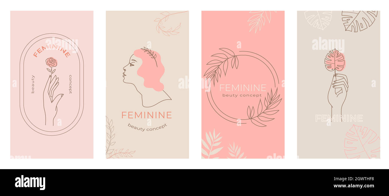 Set vettoriale di emblemi lineari astratti femminili con logo Illustrazione Vettoriale