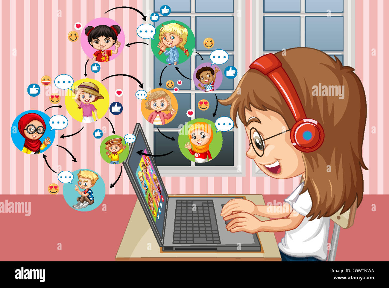 Vista laterale di una ragazza comunicare video conferenza con gli amici a casa scena Illustrazione Vettoriale