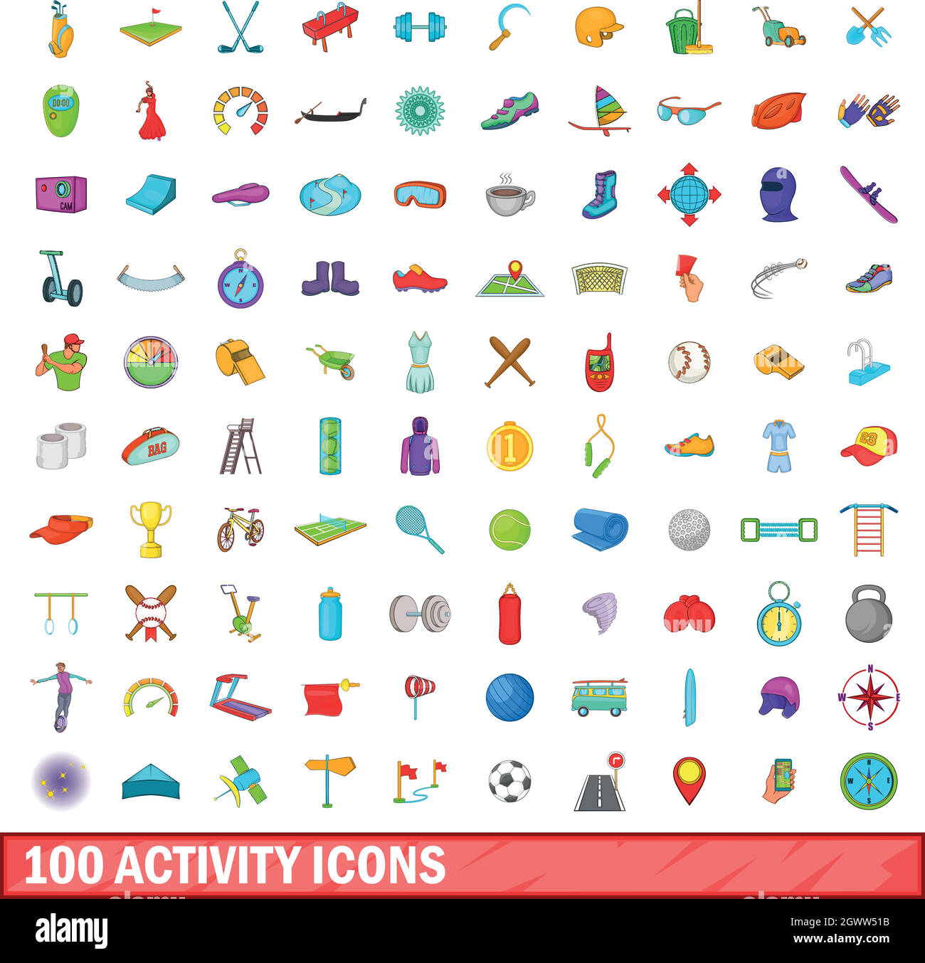 100 attività set di icone, stile cartoon Illustrazione Vettoriale