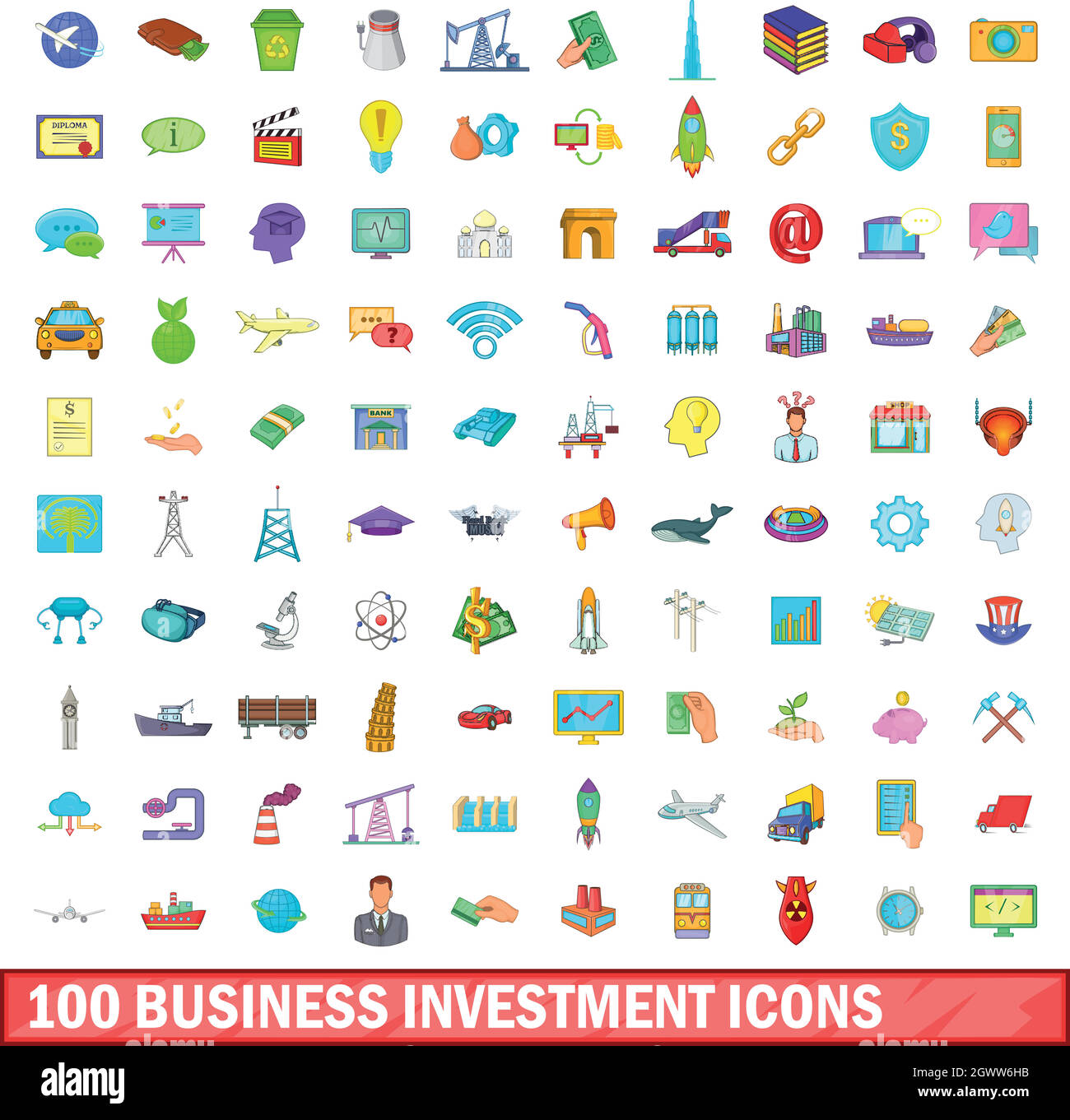 100 investimenti aziendali set di icone, stile cartoon Illustrazione Vettoriale