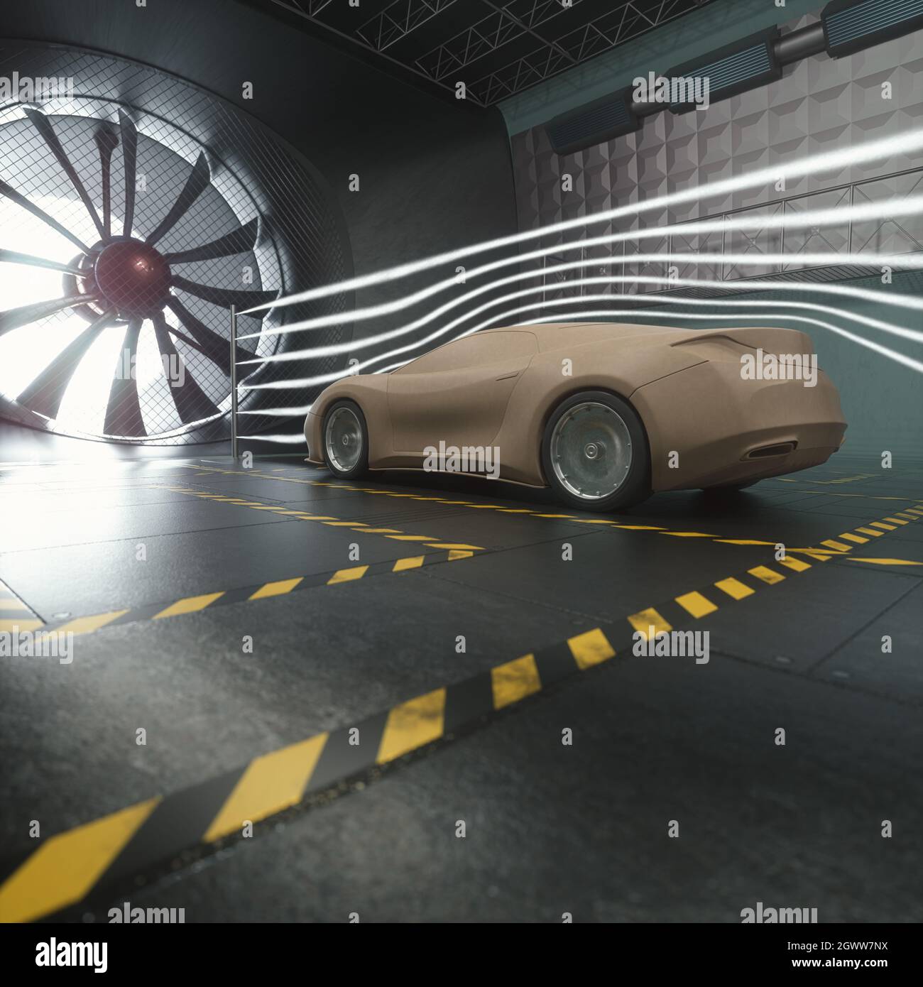 Illustrazione 3D di un'auto sportiva immaginaria. Prototipo concettuale all'interno del tunnel aerodinamico. Foto Stock