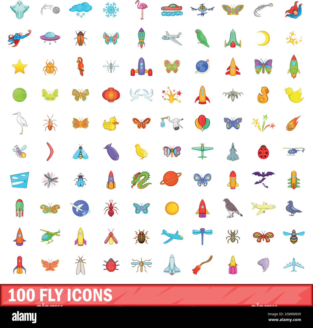 100 fly set di icone, stile cartoon Illustrazione Vettoriale