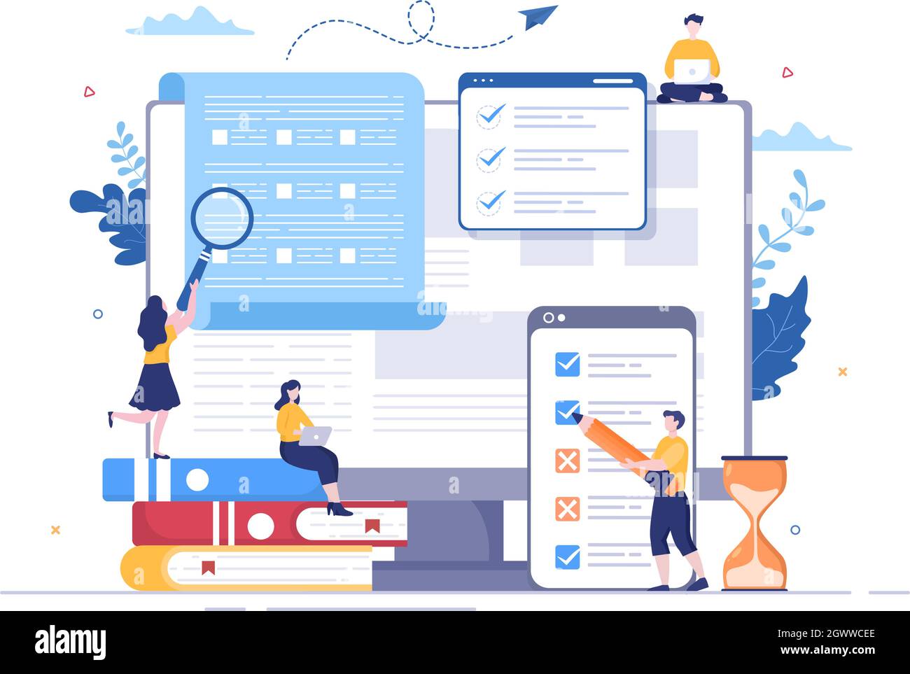 Illustrazione vettoriale del test di base online con checklist, esame, scelta della risposta, modulo, e-learning e concetto didattico Illustrazione Vettoriale