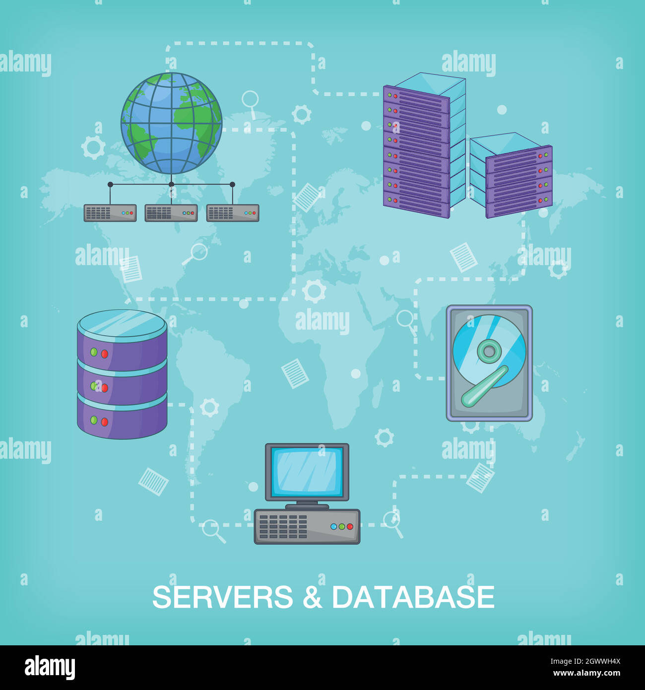 La base di dati idea globale, stile cartoon Illustrazione Vettoriale