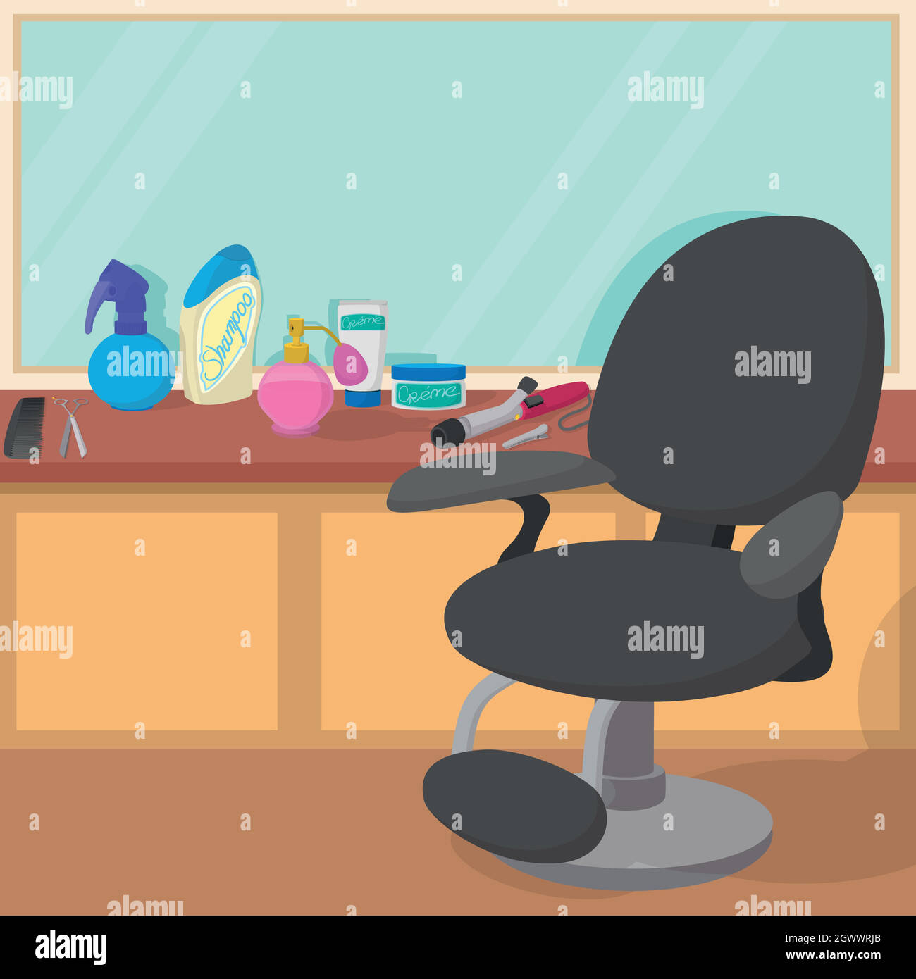 Area di lavoro di parrucchiere concetto, stile cartoon Illustrazione Vettoriale