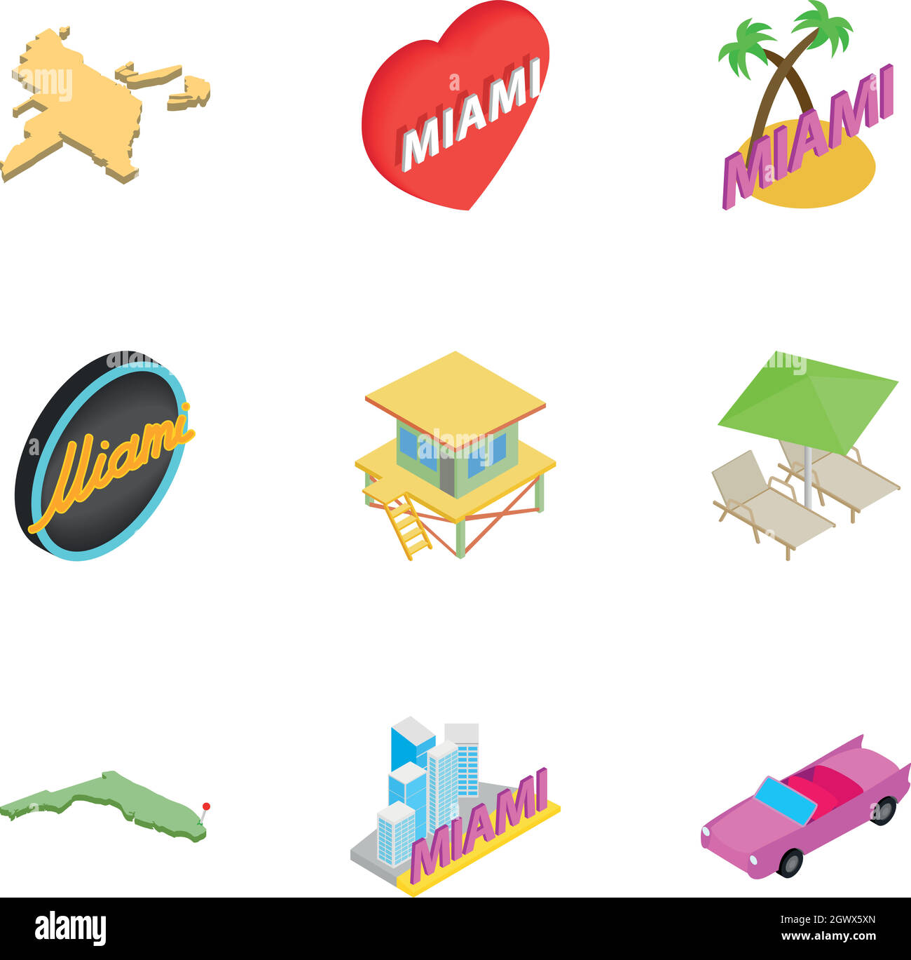 Miami set di icone isometrica 3d style Illustrazione Vettoriale