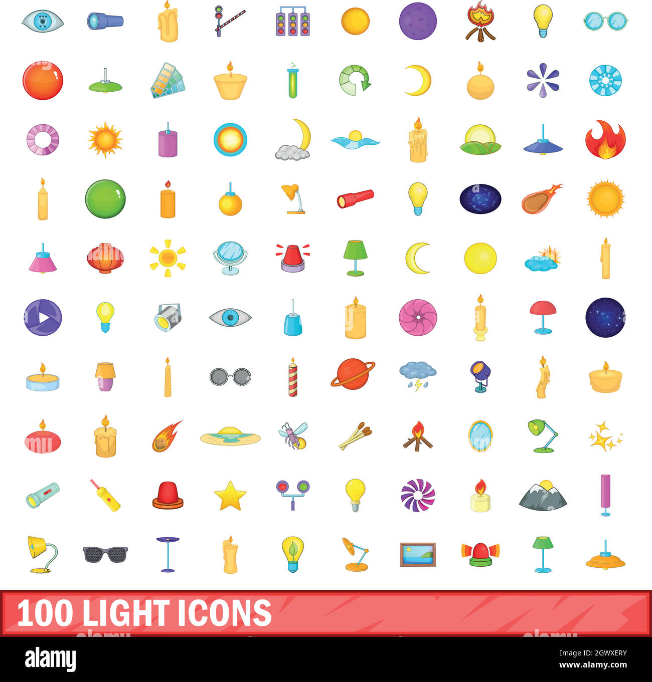 100 luce set di icone, stile cartoon Illustrazione Vettoriale