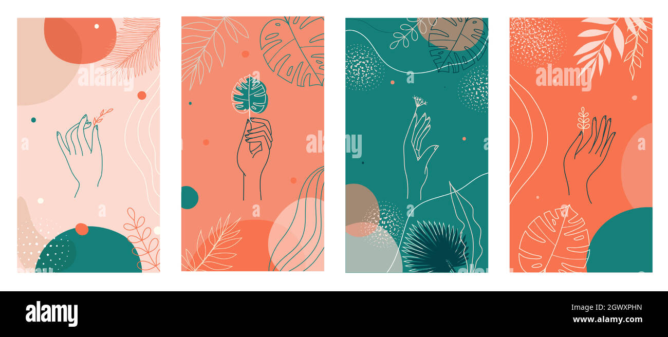 Set di storie sui social media, sfondi astratti e moderni con una combinazione colorata di forme, palme tropicali, icone delle mani. Illustrazione Vettoriale