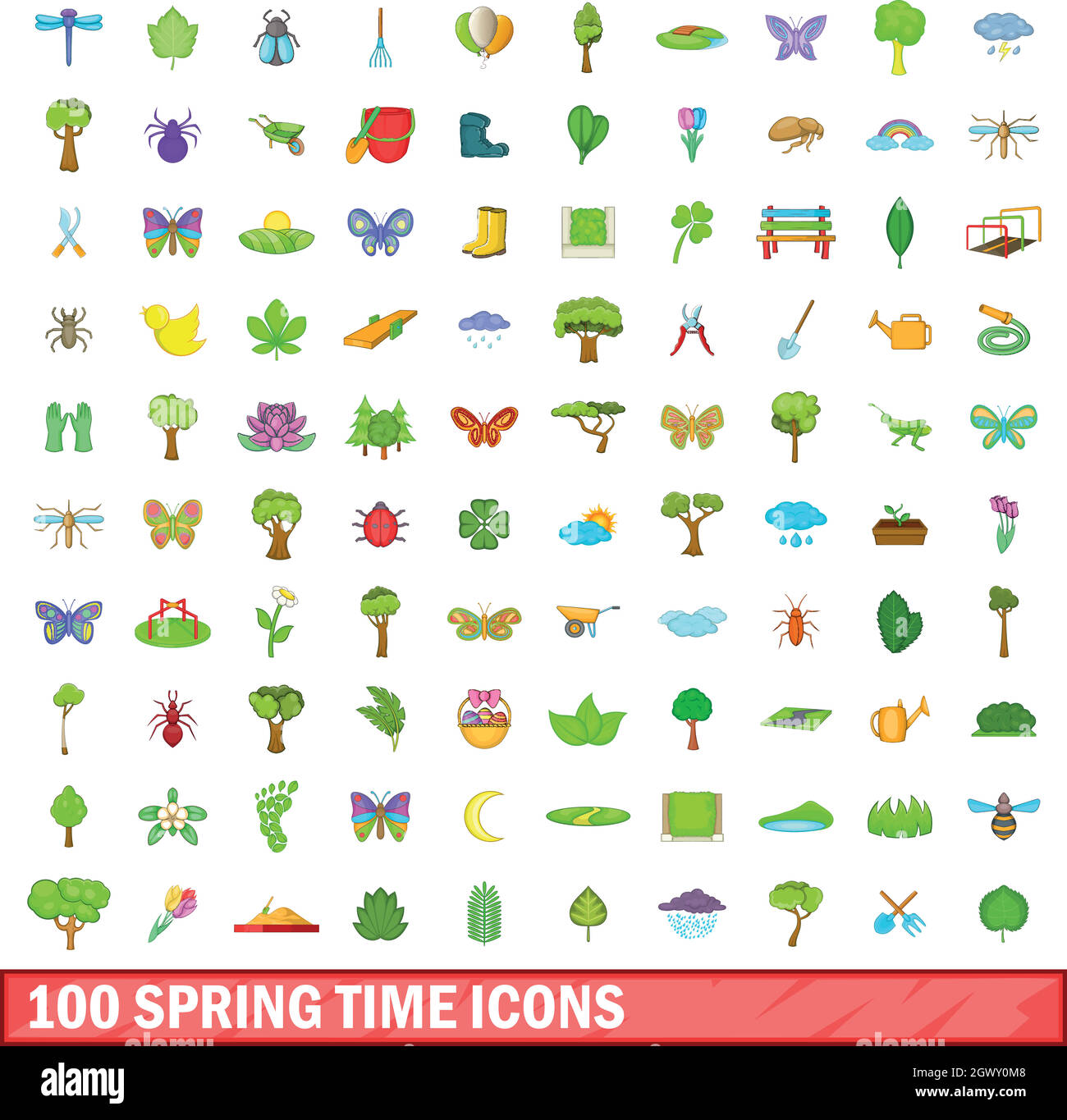 100 tempo di primavera set di icone, stile cartoon Illustrazione Vettoriale