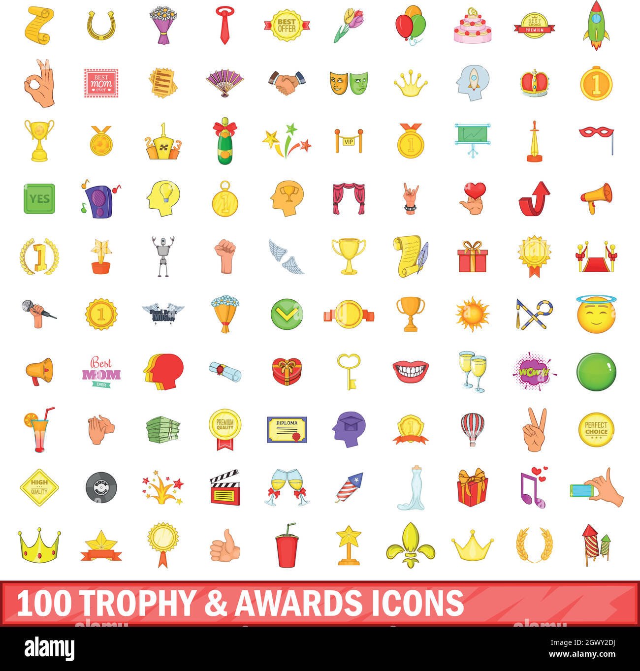 Trofeo 100 premi e set di icone, stile cartoon Illustrazione Vettoriale