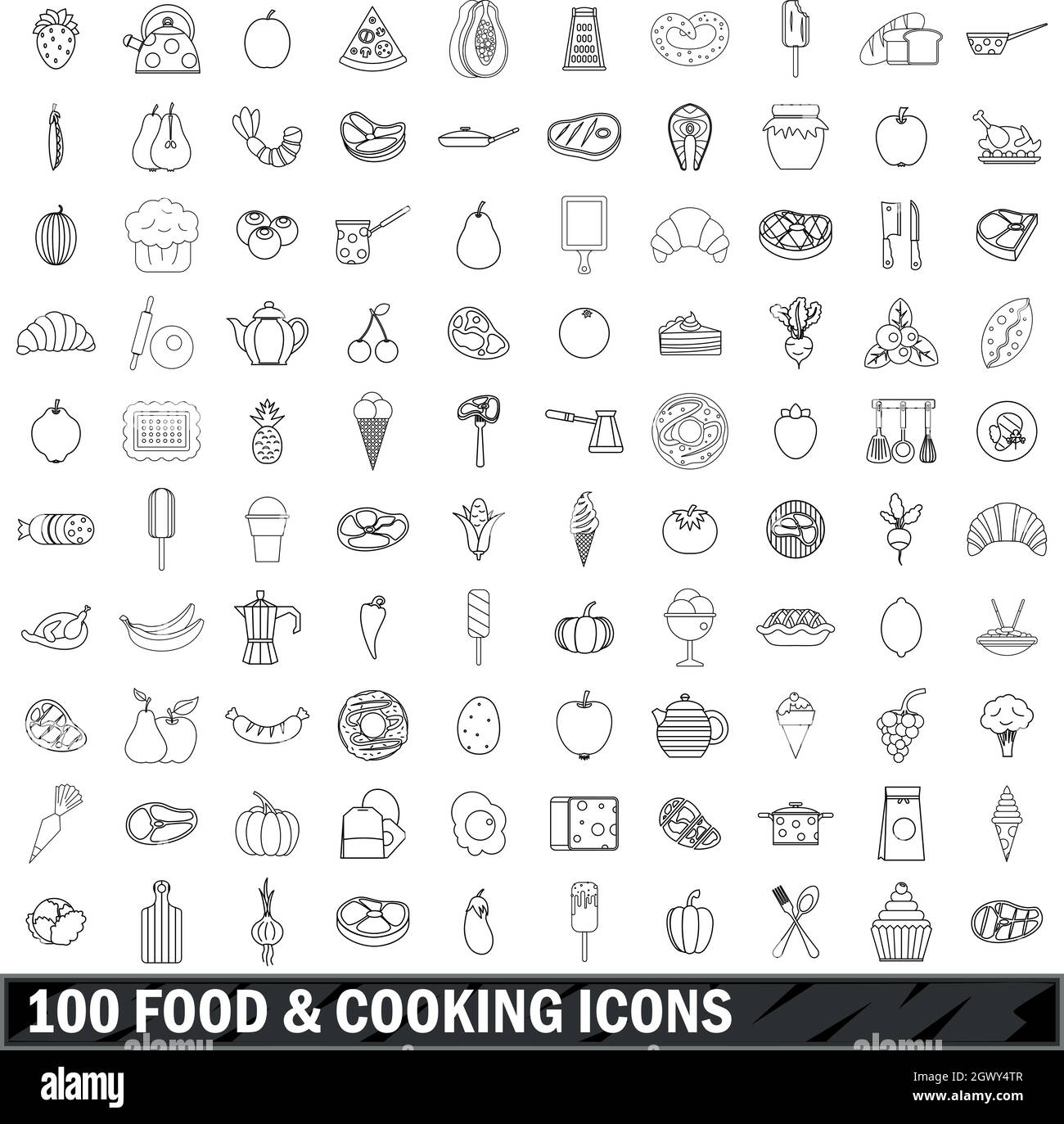 100 il cibo e la cucina set di icone di stile di contorno Illustrazione Vettoriale