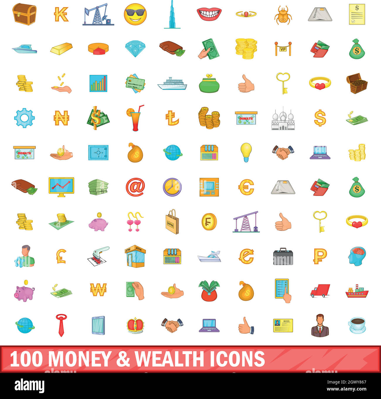 100 denaro e ricchezza set di icone, stile cartoon Illustrazione Vettoriale