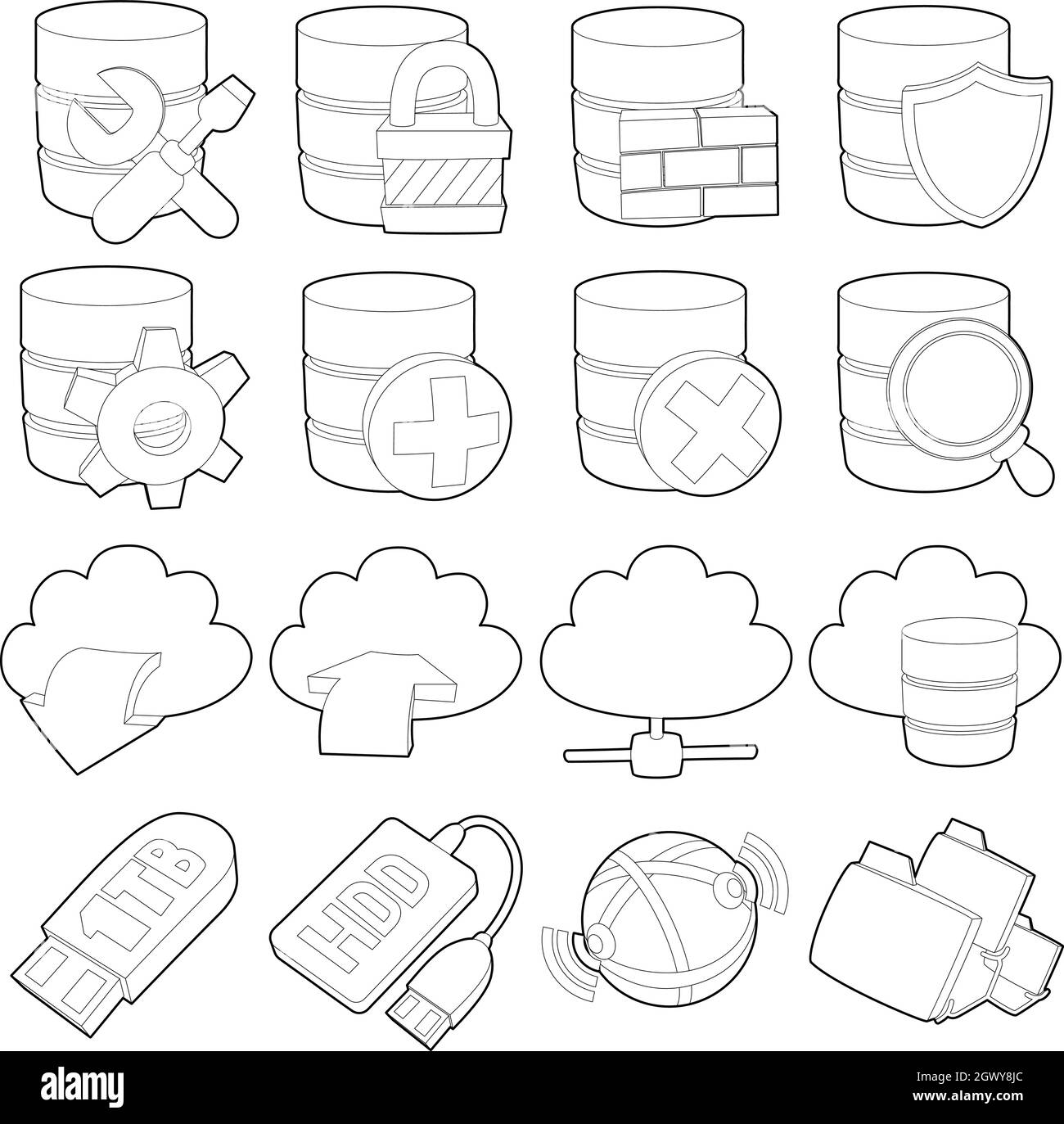 Simboli di database set di icone di stile di contorno Illustrazione Vettoriale