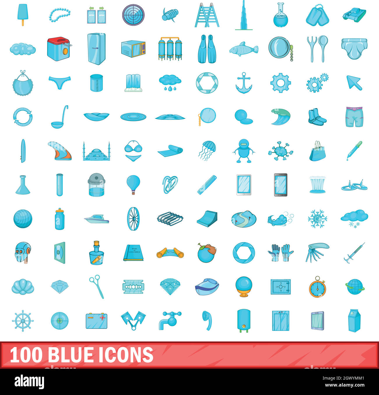 100 icone blu set, stile cartoon Illustrazione Vettoriale