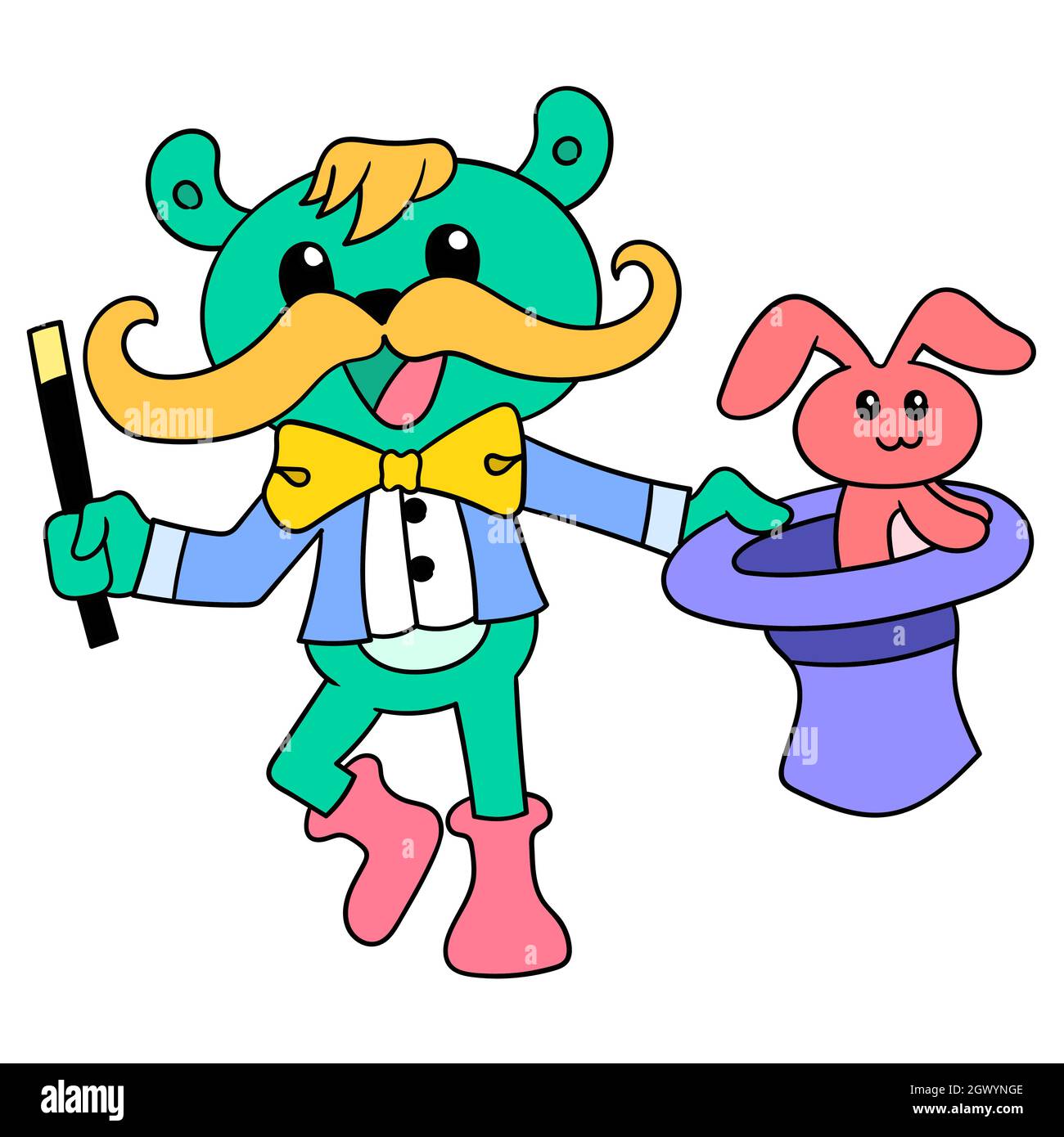 un'azione magica del mago mostra fuori un animale coniglietto carino dall'interno di un cappello Illustrazione Vettoriale