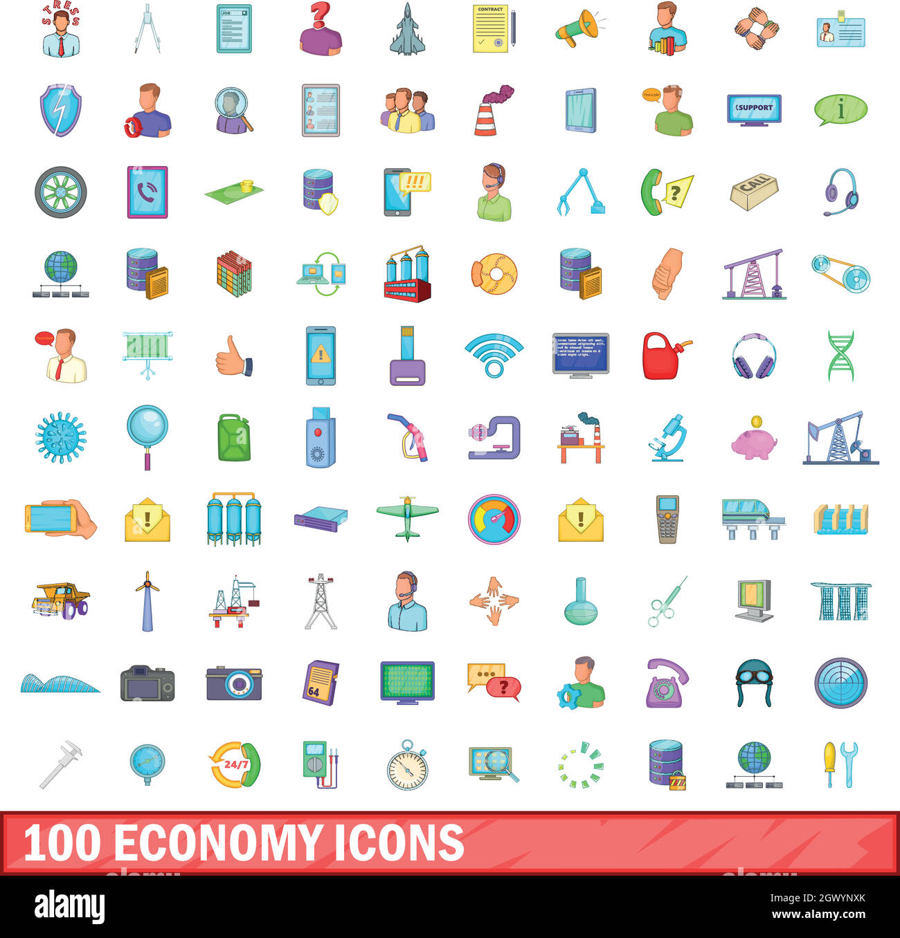 Economia 100 set di icone, stile cartoon Illustrazione Vettoriale