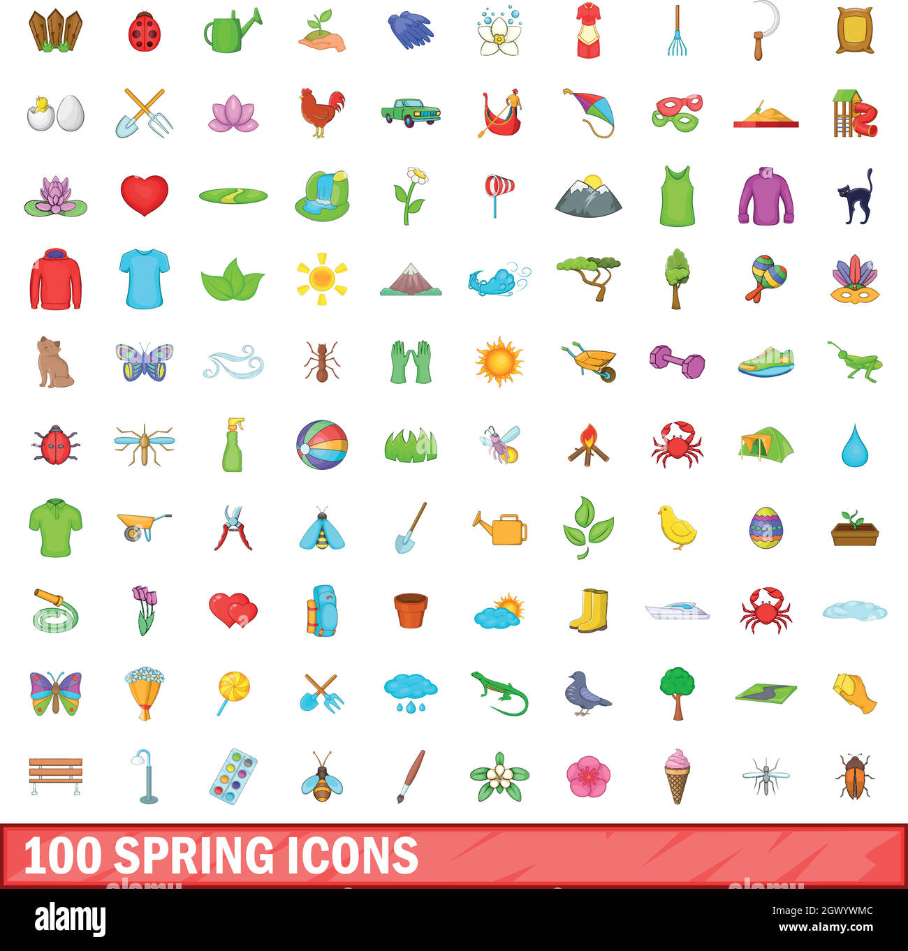 La molla 100 set di icone, stile cartoon Illustrazione Vettoriale