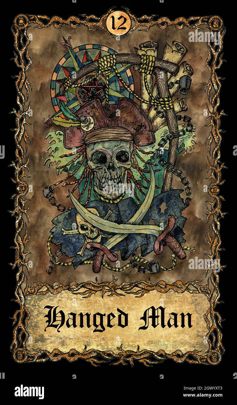Uomo impiccato. Scheda principale Arcana tarot con cranio su sfondo antico. Arte mistica, illustrazione di Halloween con concetto esoterico, gotico, occulto Foto Stock