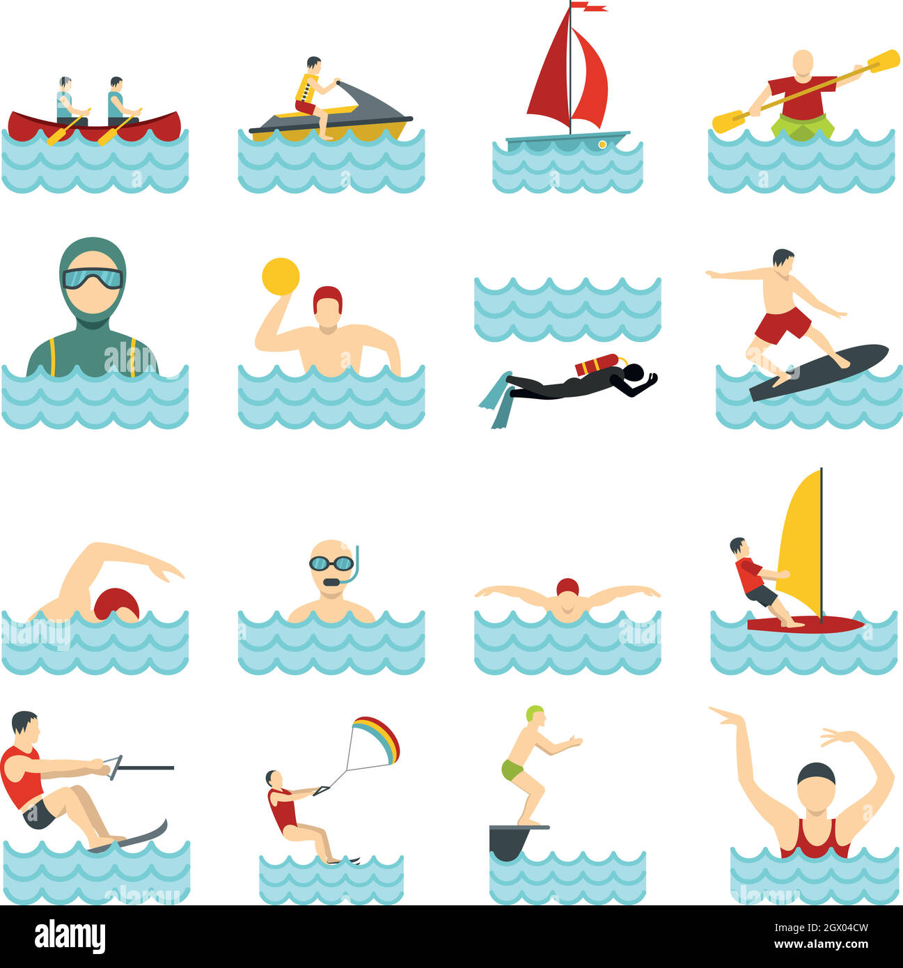 Sport d'acqua piatta set di icone Illustrazione Vettoriale